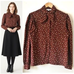 1970s Jack Winter Brown Leaf Print Bow Collar Long Puff Sleeve Blouse Size 10
